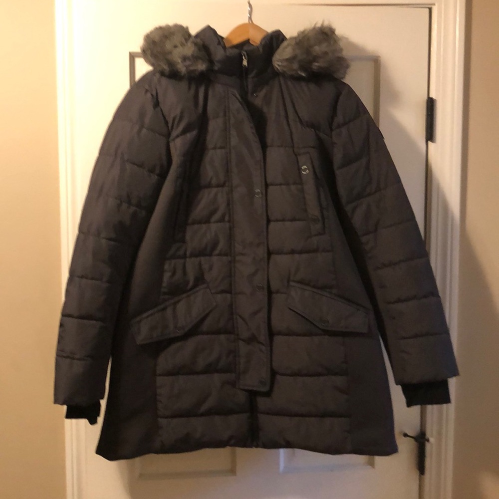 Michael Kors hooded parka 3/4 length charcoal grey with faux fur trimmed hood